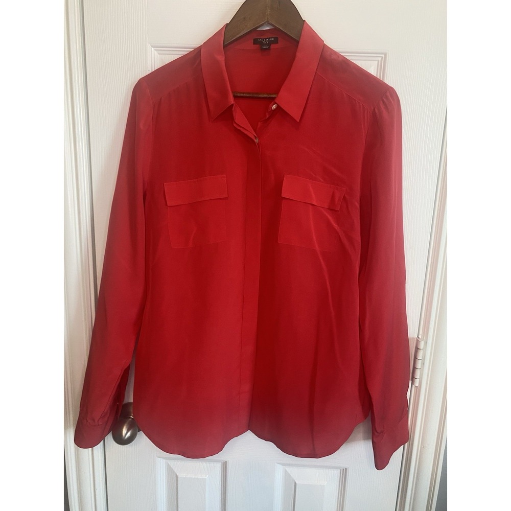 Ann Taylor Red Silk Button Down Shirt Blouse Women's 12 Long Sleeve Pocket